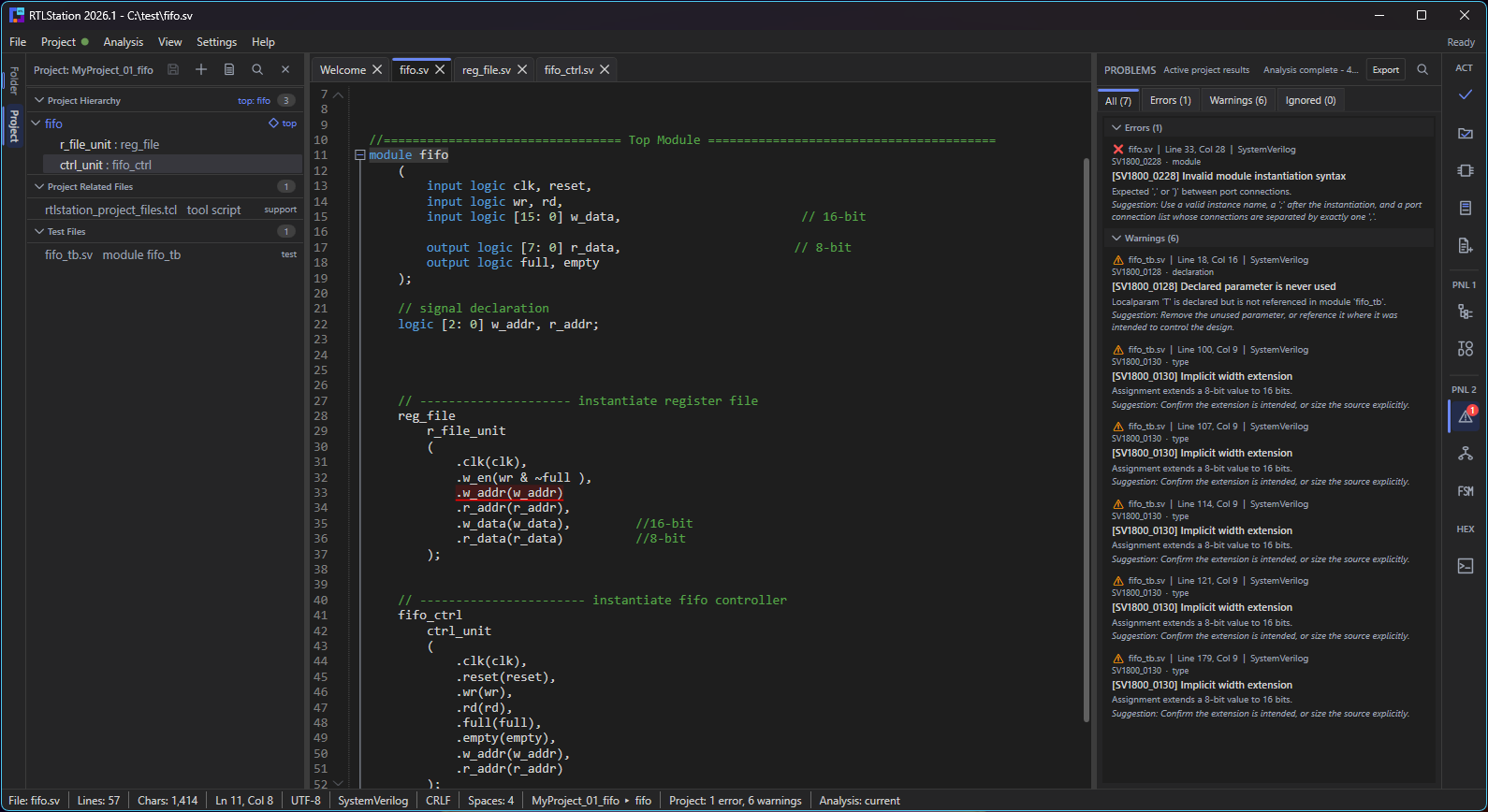 RTLStation 2026.1 editing a SystemVerilog FIFO module, with the project hierarchy on the left and static analysis results on the right